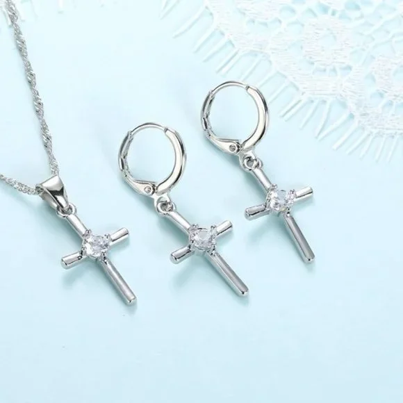 Cross Necklace Earrings 925 Sterling Silver Bundle Set - Picture 3 of 8